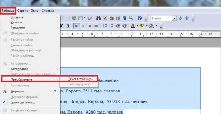 Вставка – Таблица – Преобразовать в таблицу