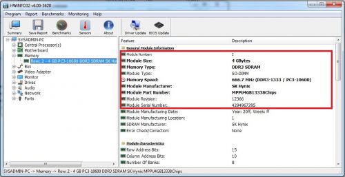 Информация об оперативной памяти в программе HWiNFO